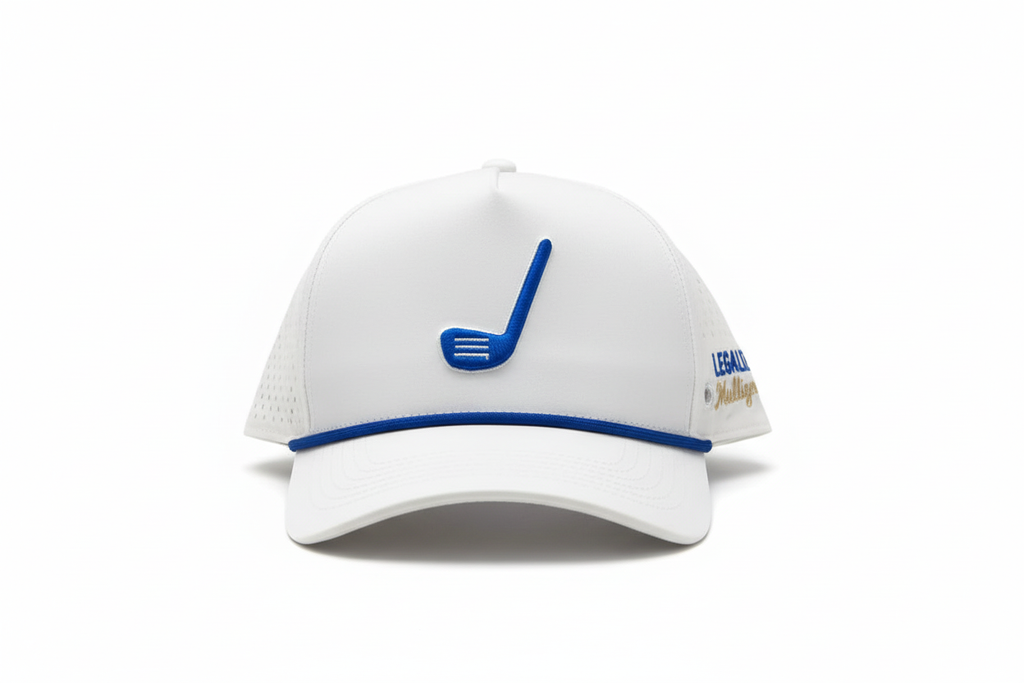 Blue accent hat - front with blue and gold text
