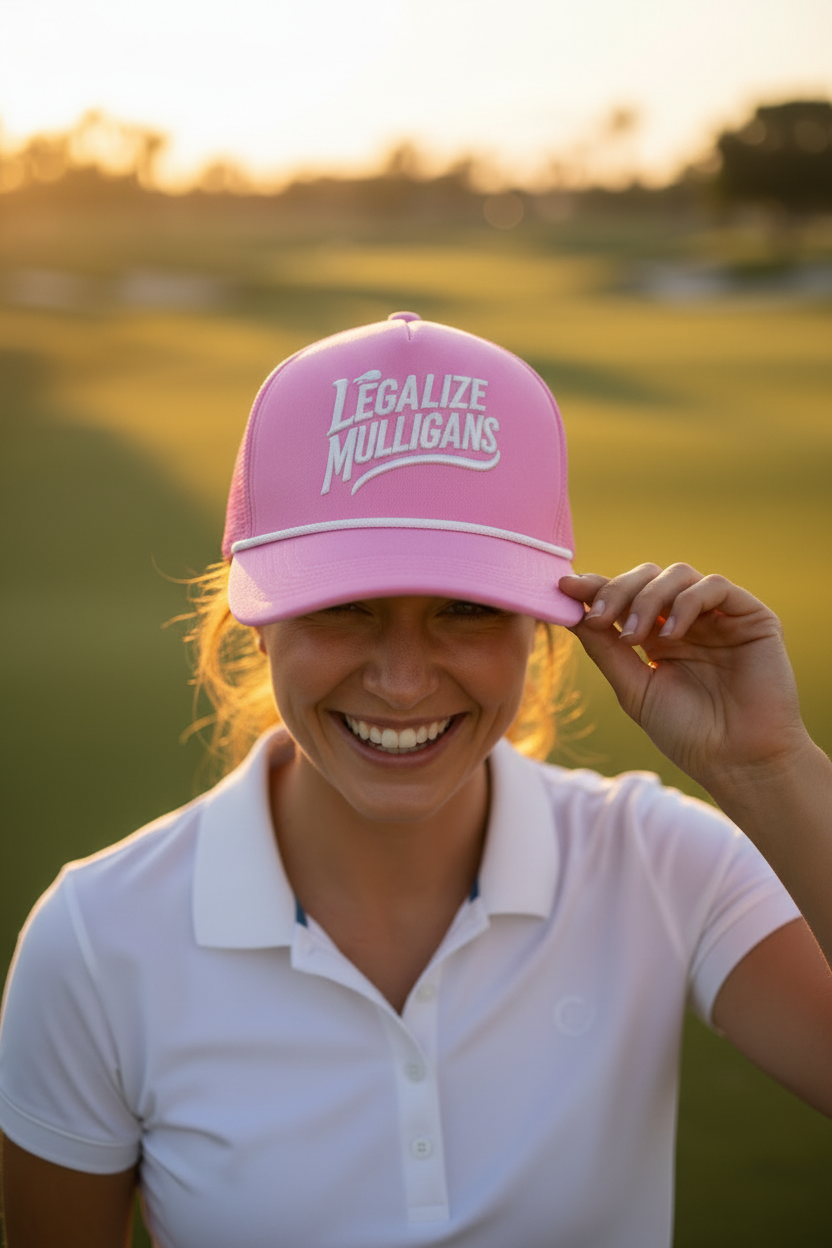 Close-up pink Legalize Mulligans hat on female golfer