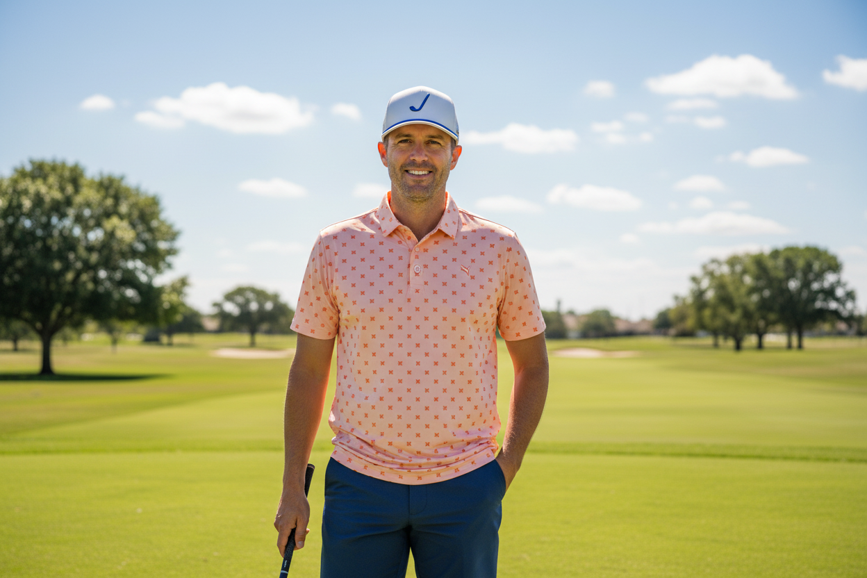 Golfer in blue hat and orange polo