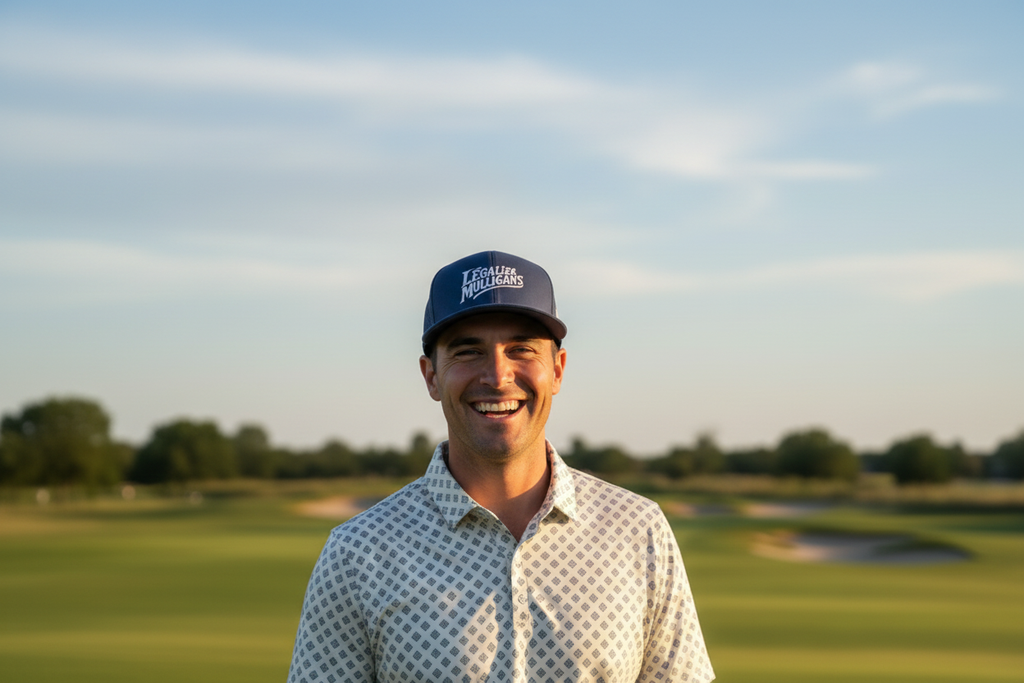 Happy golfer with visible hat and more sky